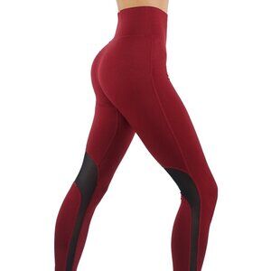 BURGUNY Workout Leggings With Mesh Solid